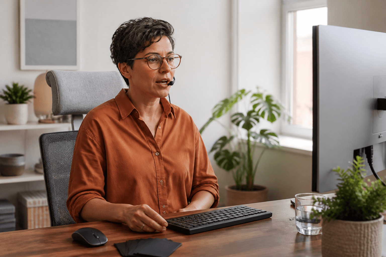 Adult using voice dictation with relaxed hands at a compact workstation