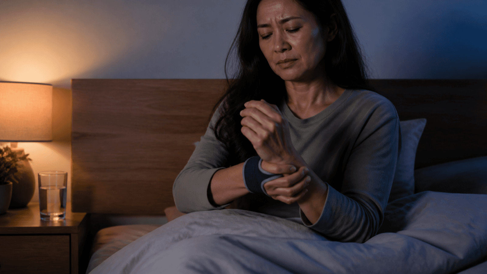 Adult repositioning a supported wrist after waking at night