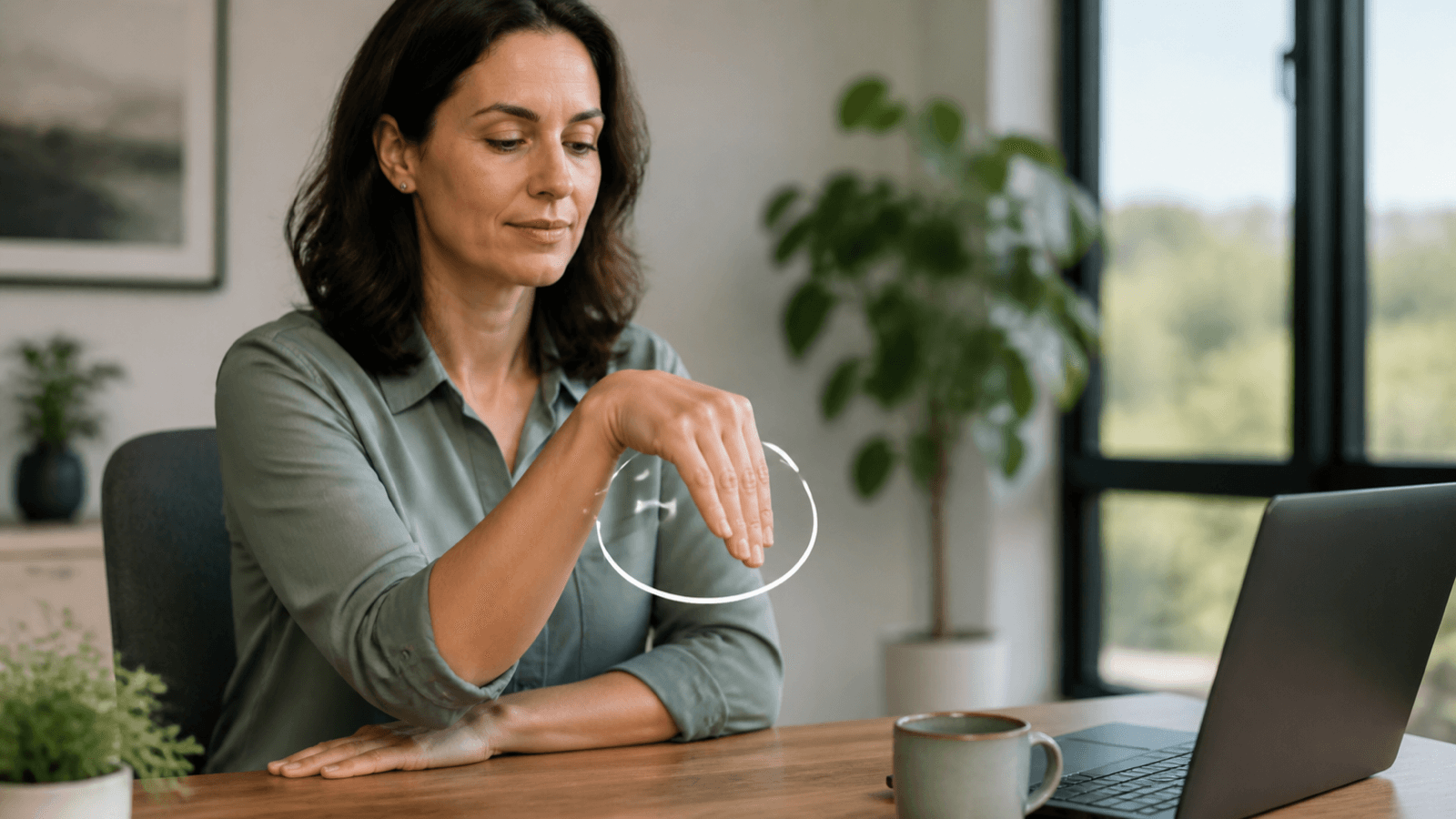 Adult performing a small gentle wrist circle during a desk break