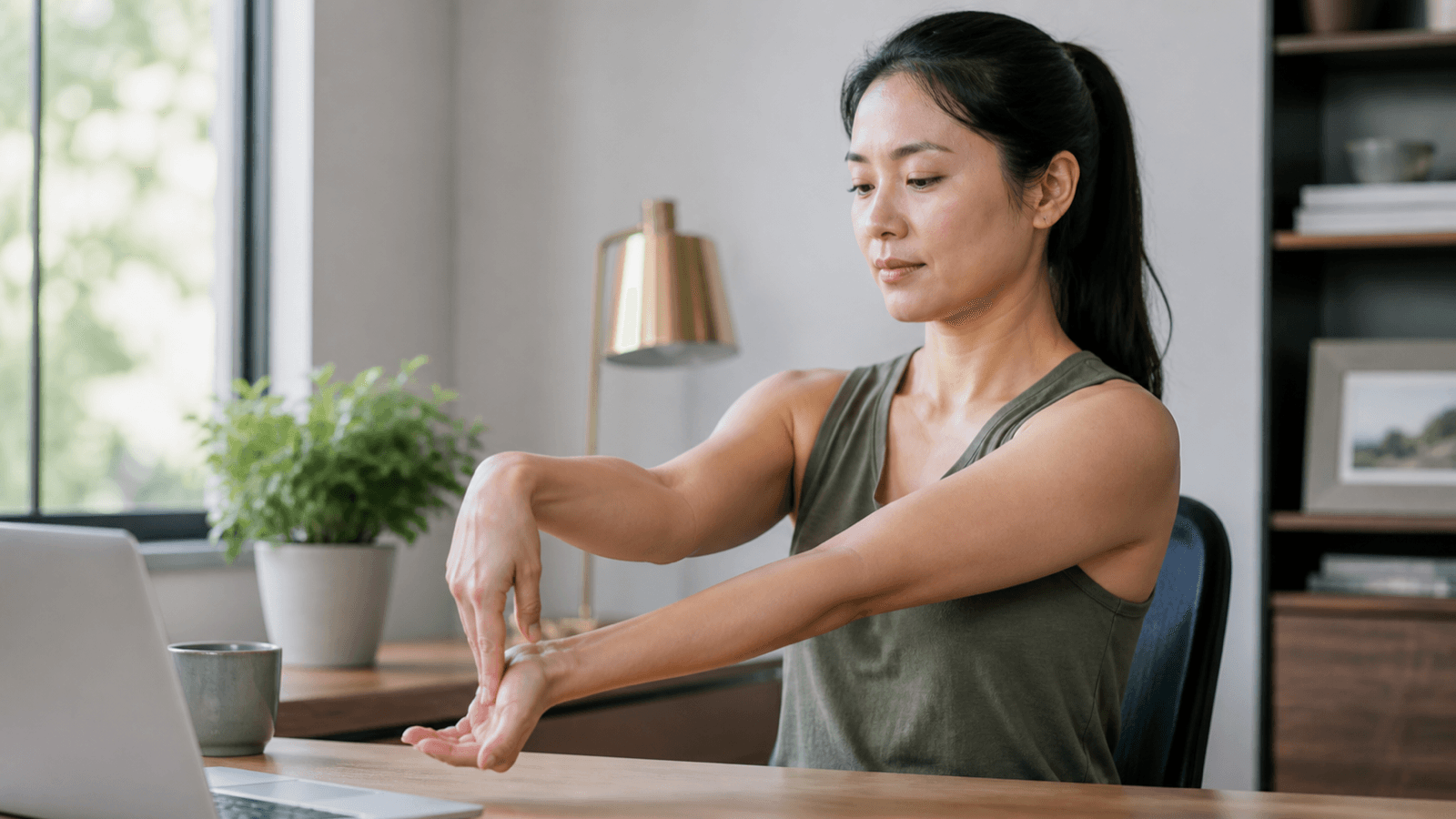 Adult demonstrating a gentle wrist flexor stretch