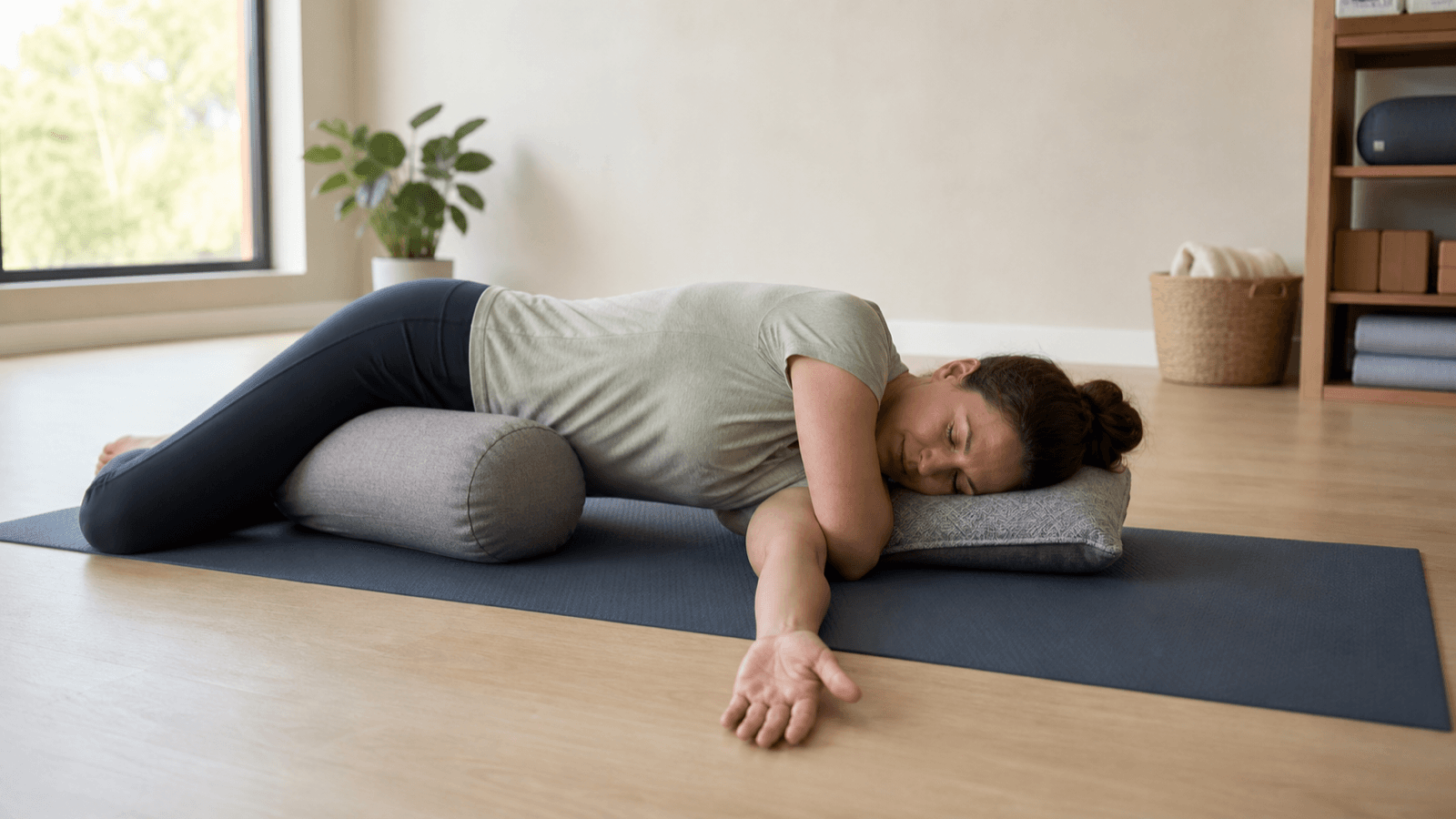 Adult using cushions for a supported thread-the-needle pose