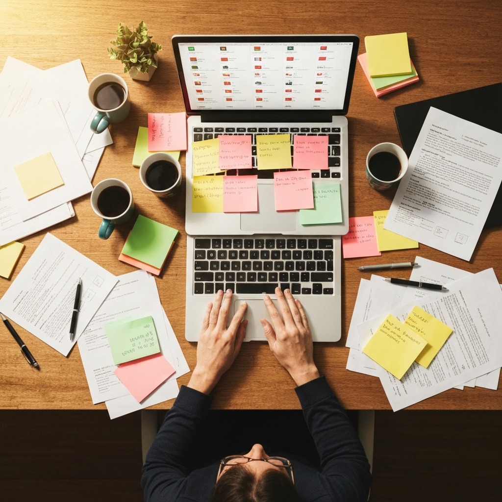 Overhead view of a cluttered desk with sticky notes, open laptop tabs, and scattered papers — visual metaphor for ADHD decision fatigue and overwhelm