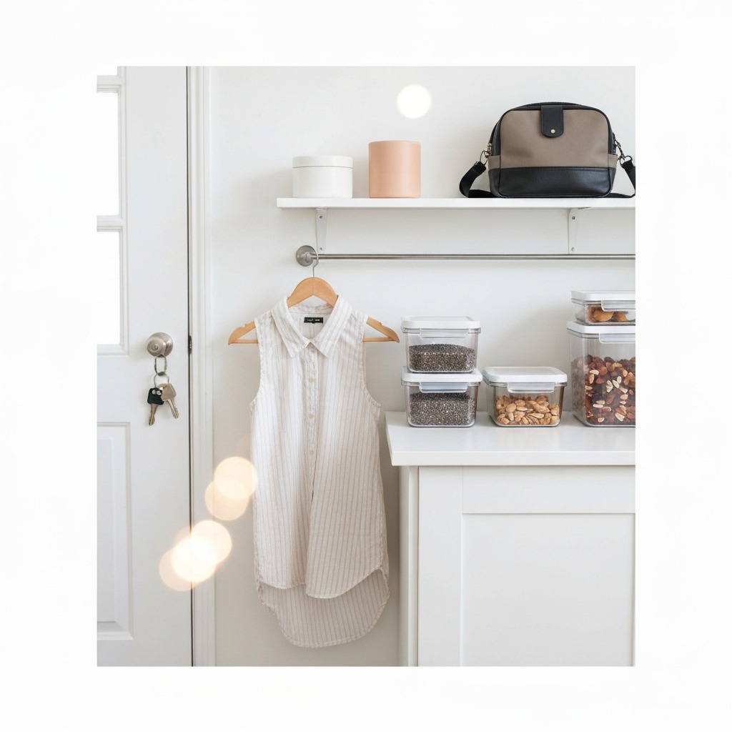Neatly organized morning station with outfit pre-laid, breakfast containers, keys and bag by the door
