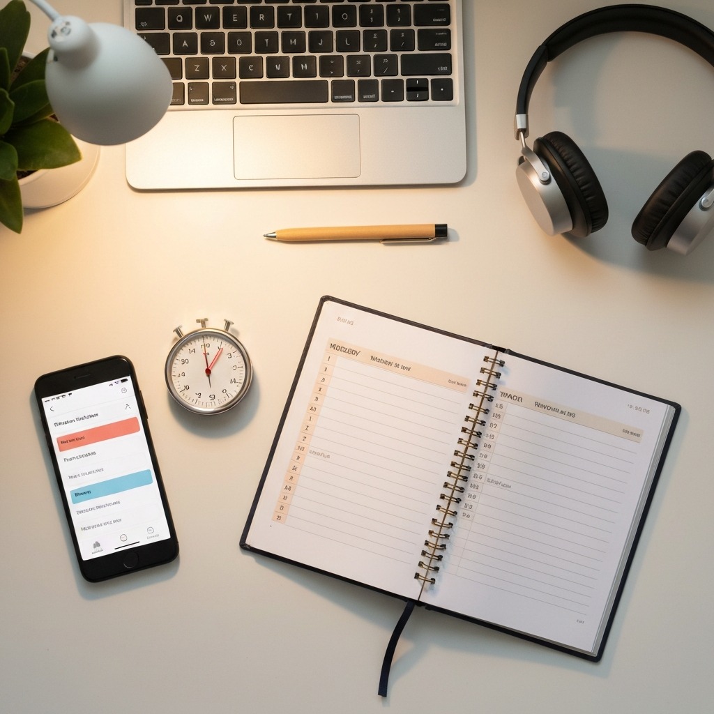 Flatlay of productivity tools on a clean desk — smartphone, paper planner, timer, and headphones