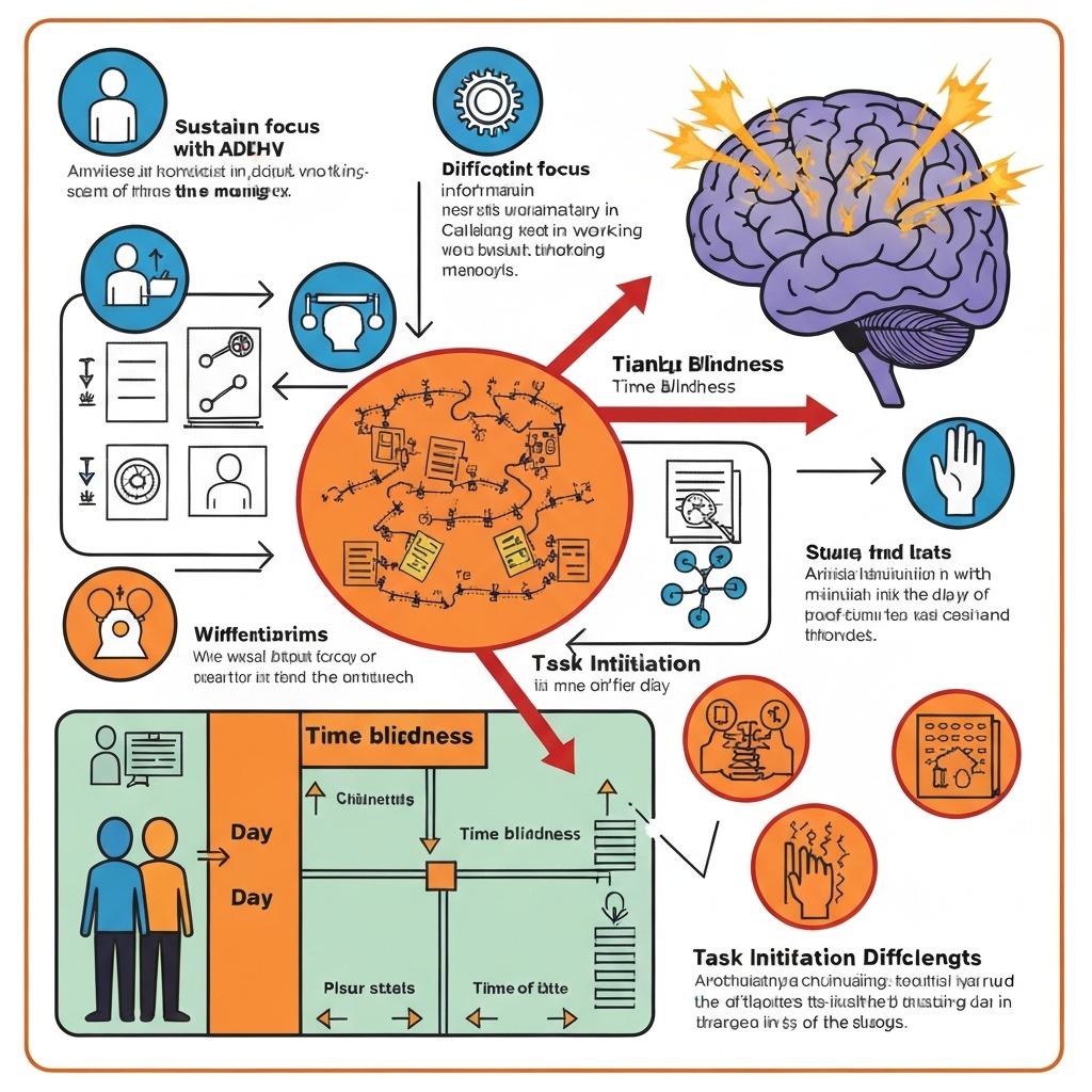 ADHD morning challenges diagram showing impaired working memory, time blindness, and task initiation difficulty in the morning
