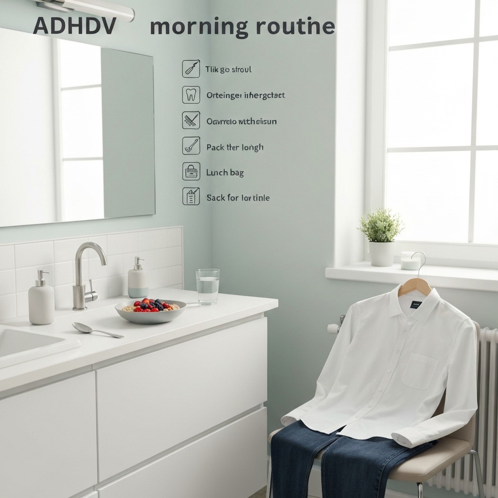 ADHD morning routine architecture diagram showing optimal phase structure from alarm to departure with time estimates