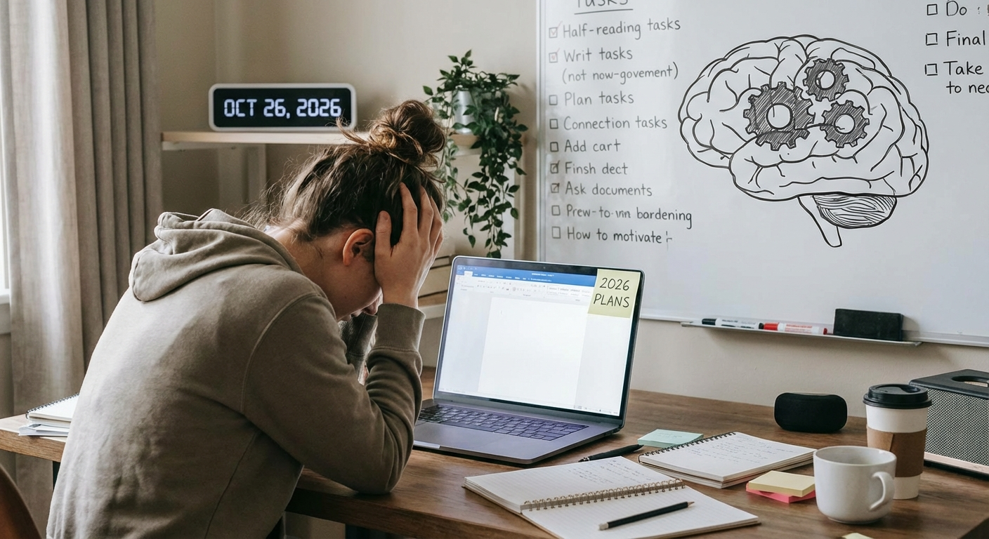 ADHD and procrastination hero image showing person struggling to start work at desk with brain executive function diagram