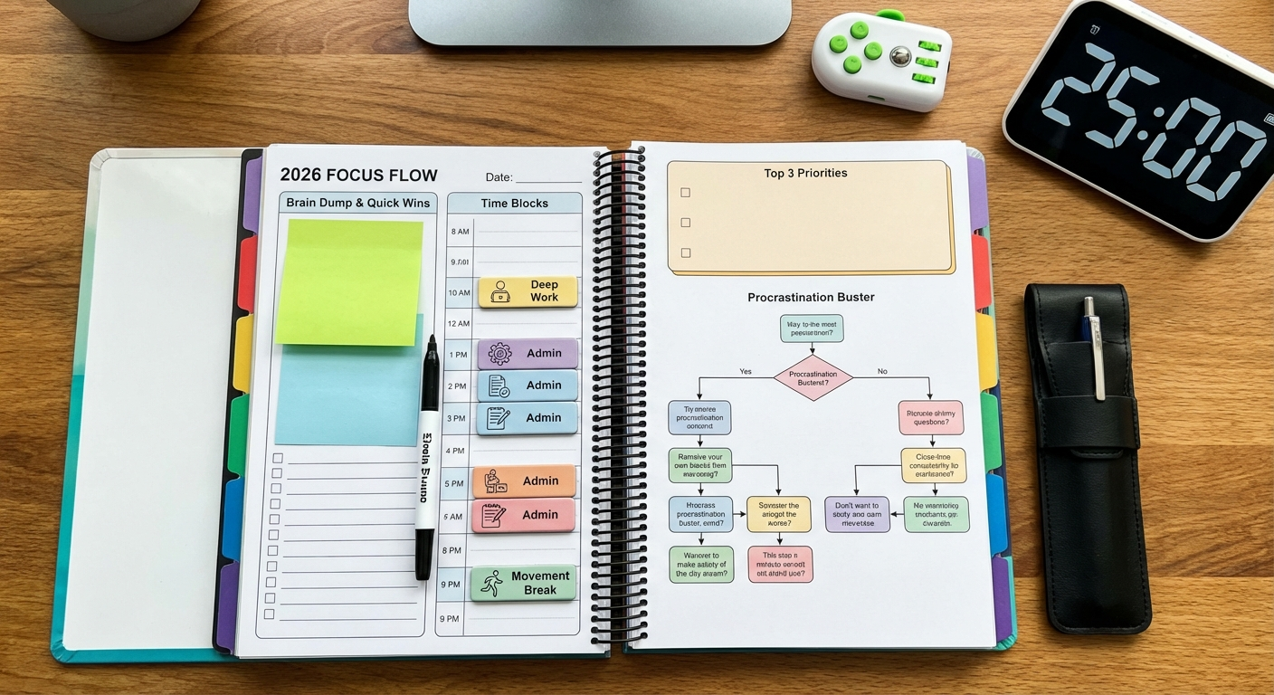 ADHD planner for procrastination management daily planning system time blocks