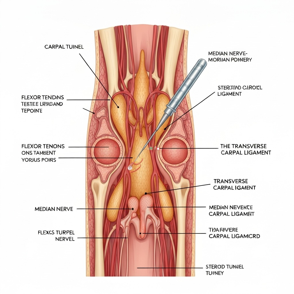 Diagram: Hand and wrist anatomy showing median nerve distribution across the palm and fingers, with color-coding to show which digits are affected by carpal tunnel syndrome and which are spared (pinky and ulnar side of ring finger)