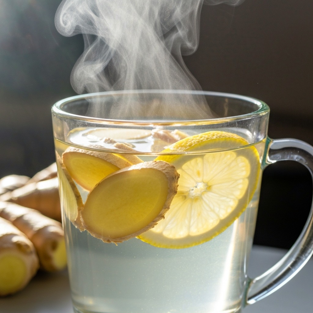 Amber ginger tea with fresh ginger root slices