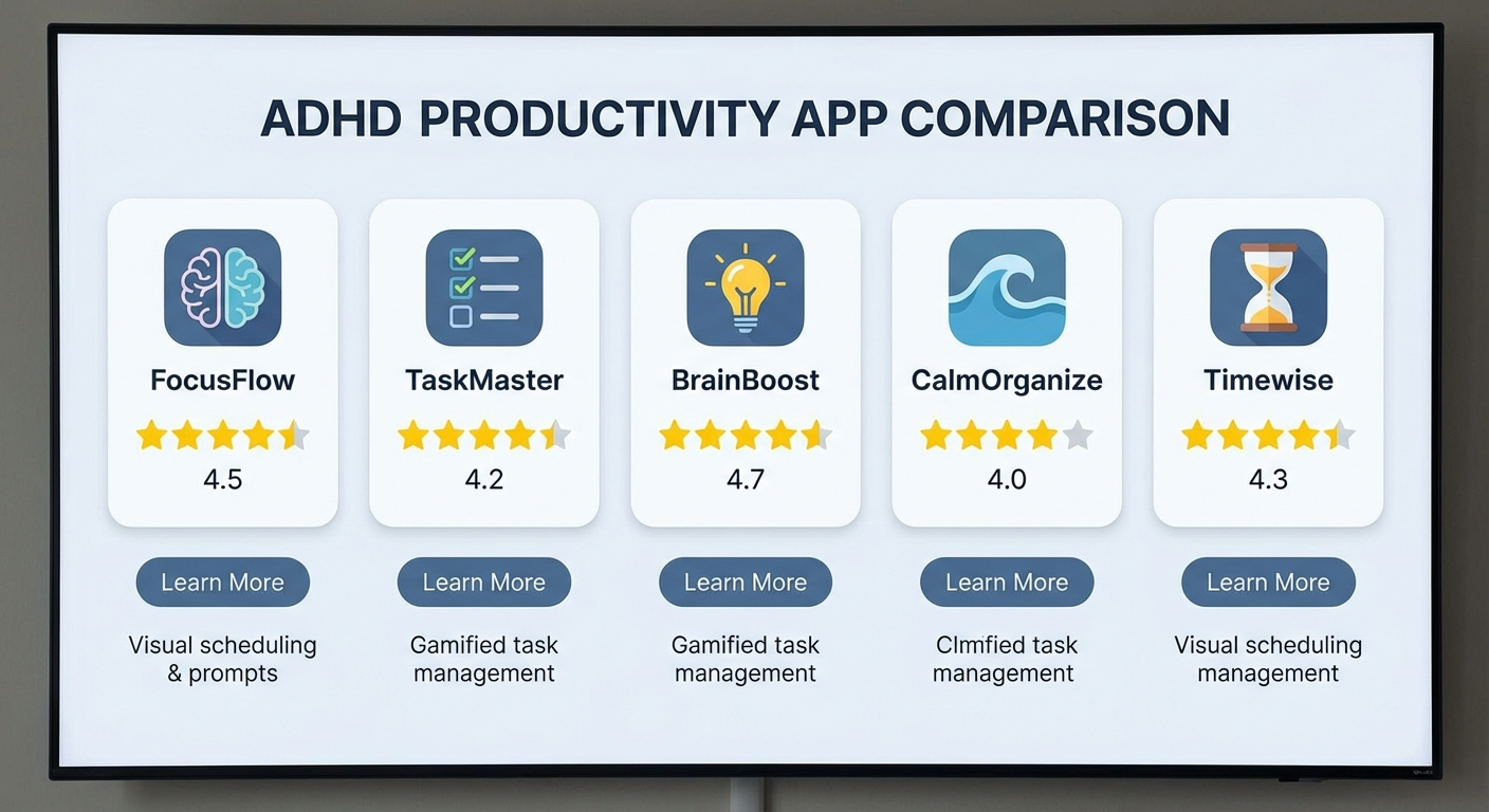 Side-by-side comparison grid showing the five recommended apps with their logos, key features, and star ratings