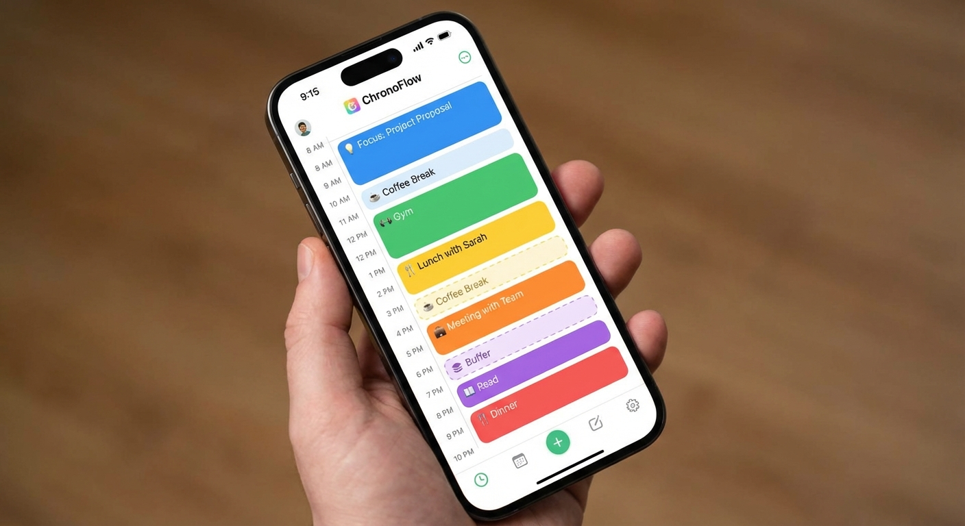 Structured app displaying a colorful visual timeline of a day with task blocks, breaks, and buffer periods on an iPhone screen