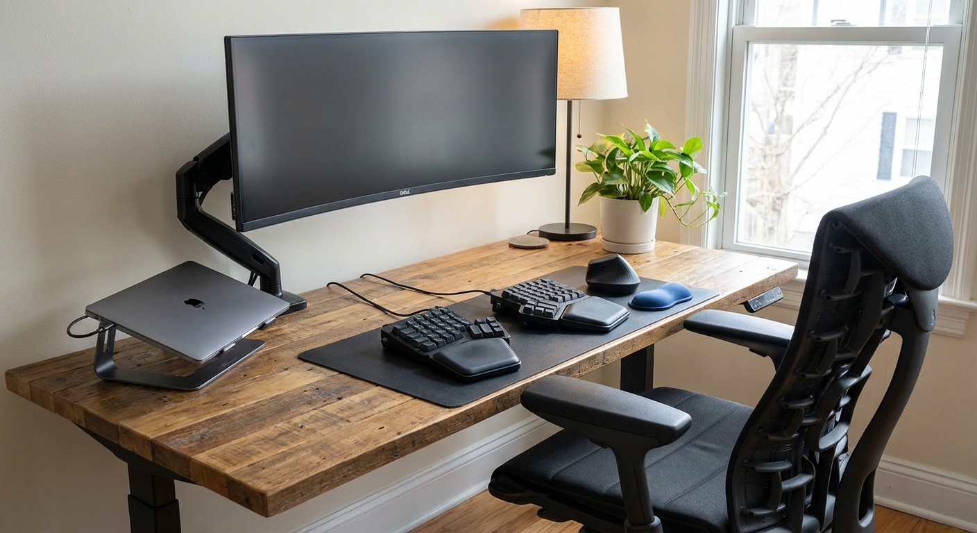 Complete ergonomic desk setup with split keyboard, vertical mouse, monitor arm, and wrist rest