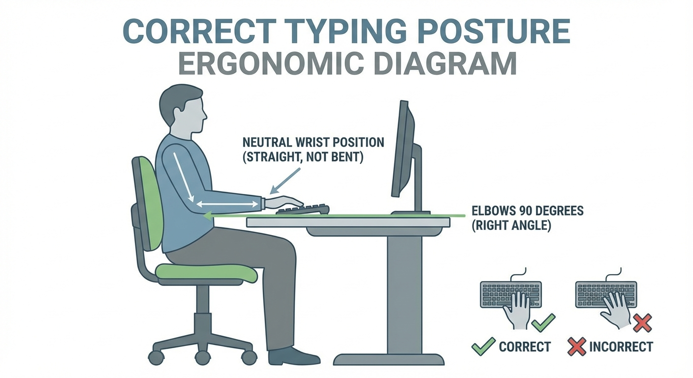 Correct typing posture diagram for carpal tunnel prevention at desk setup