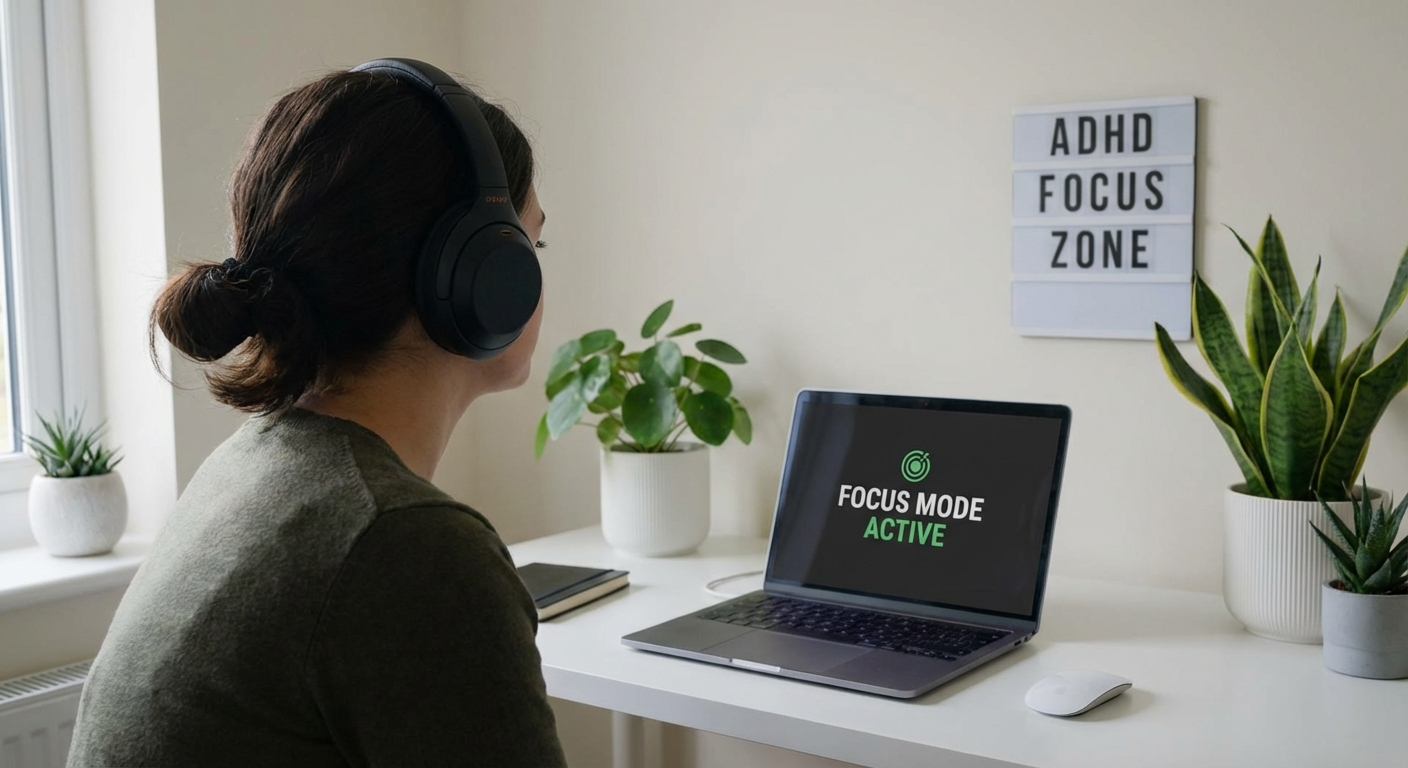 Person wearing Sony WH-1000XM5 noise-cancelling headphones at a clean desk, focused on laptop work in a bright home office