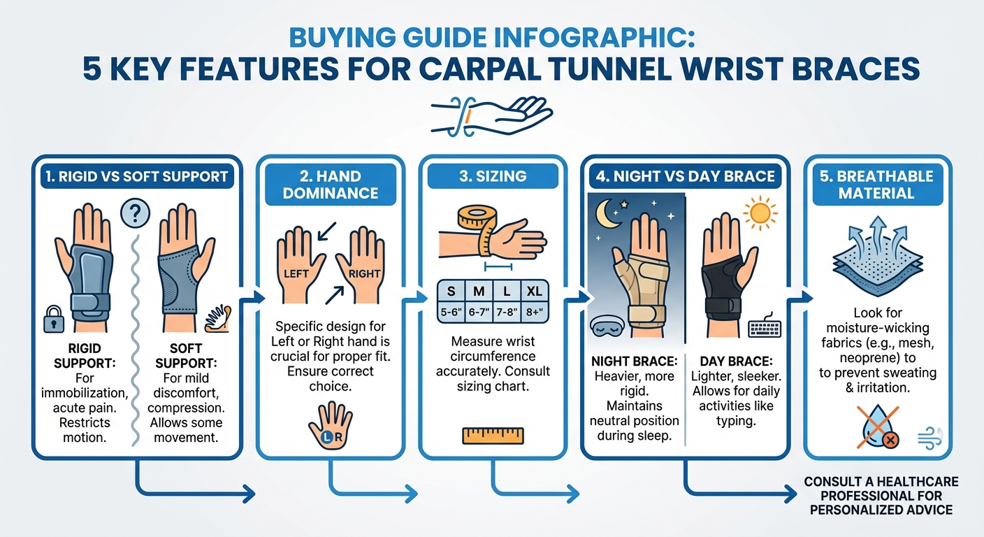 Infographic showing 5 key features to look for in a carpal tunnel wrist brace: rigid vs soft support, hand dominance, sizing, night vs day use, and breathable material