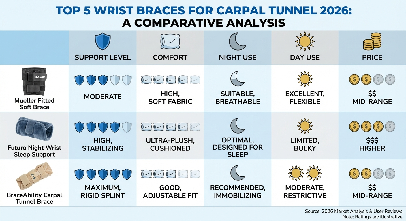 Comparison infographic of the top 5 wrist braces for carpal tunnel in 2026, comparing support level, comfort, night use suitability, day use suitability, and price