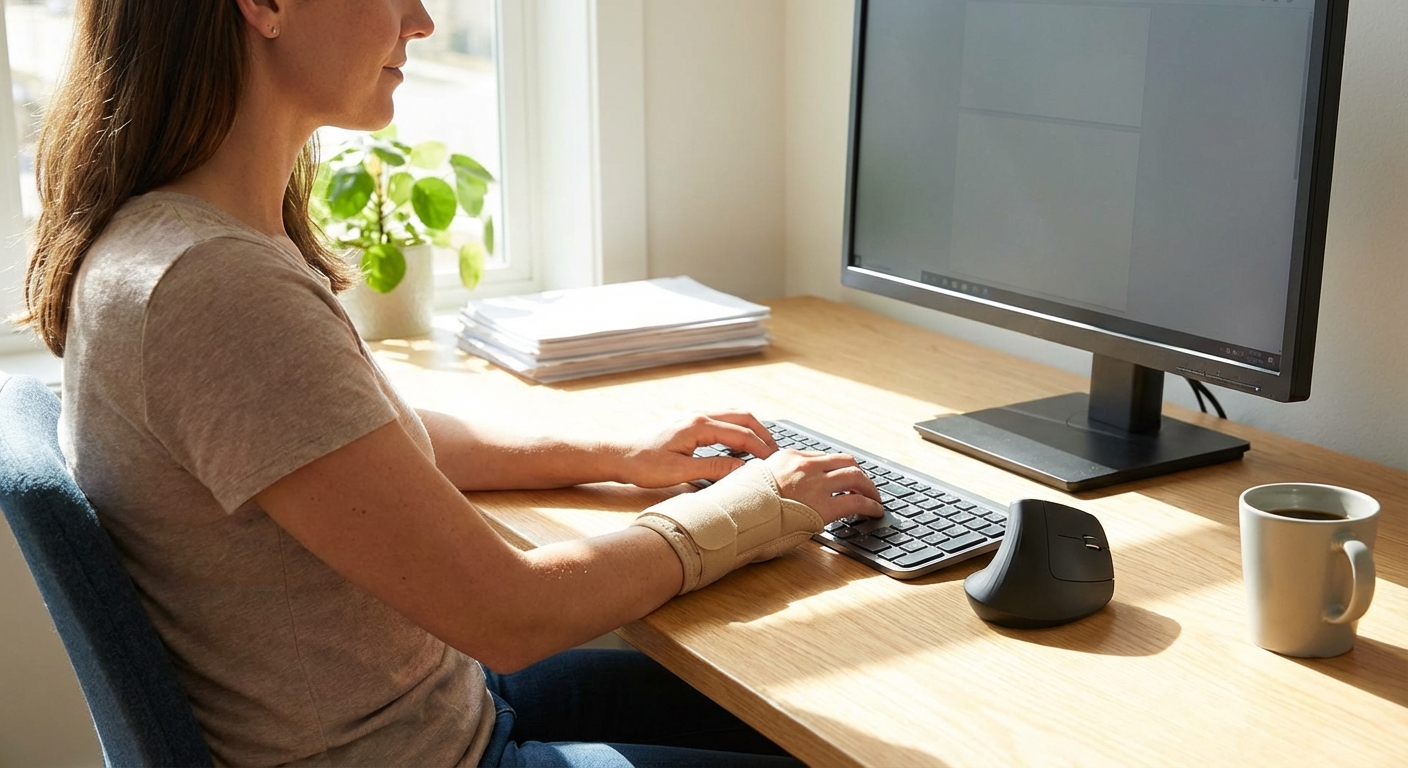 Person wearing a wrist brace for carpal tunnel while working at a computer desk, demonstrating comfortable daytime use