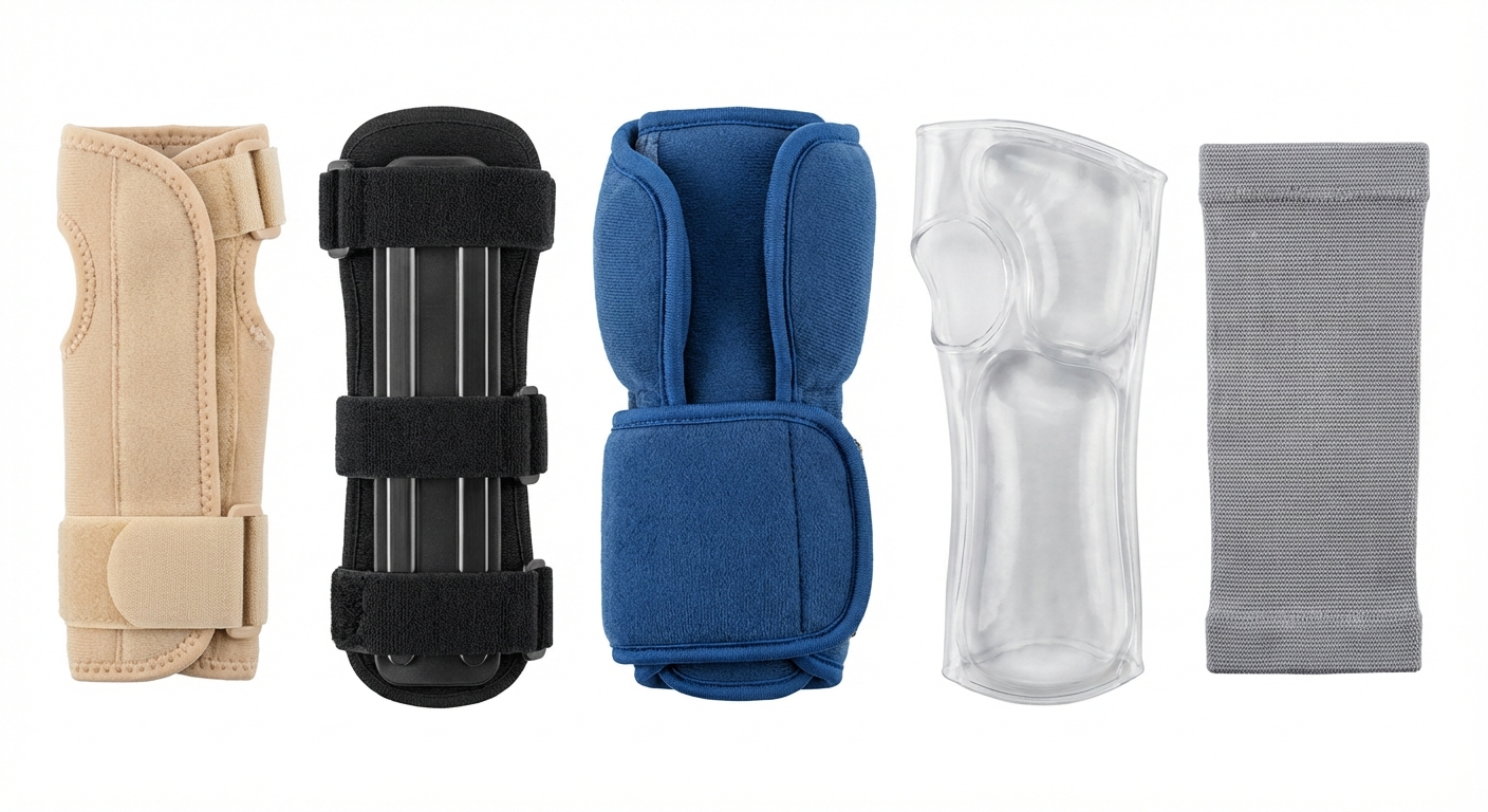 Five top-rated wrist braces for carpal tunnel syndrome in 2026, showing different styles including soft fabric, rigid splint, night brace, and compression sleeve