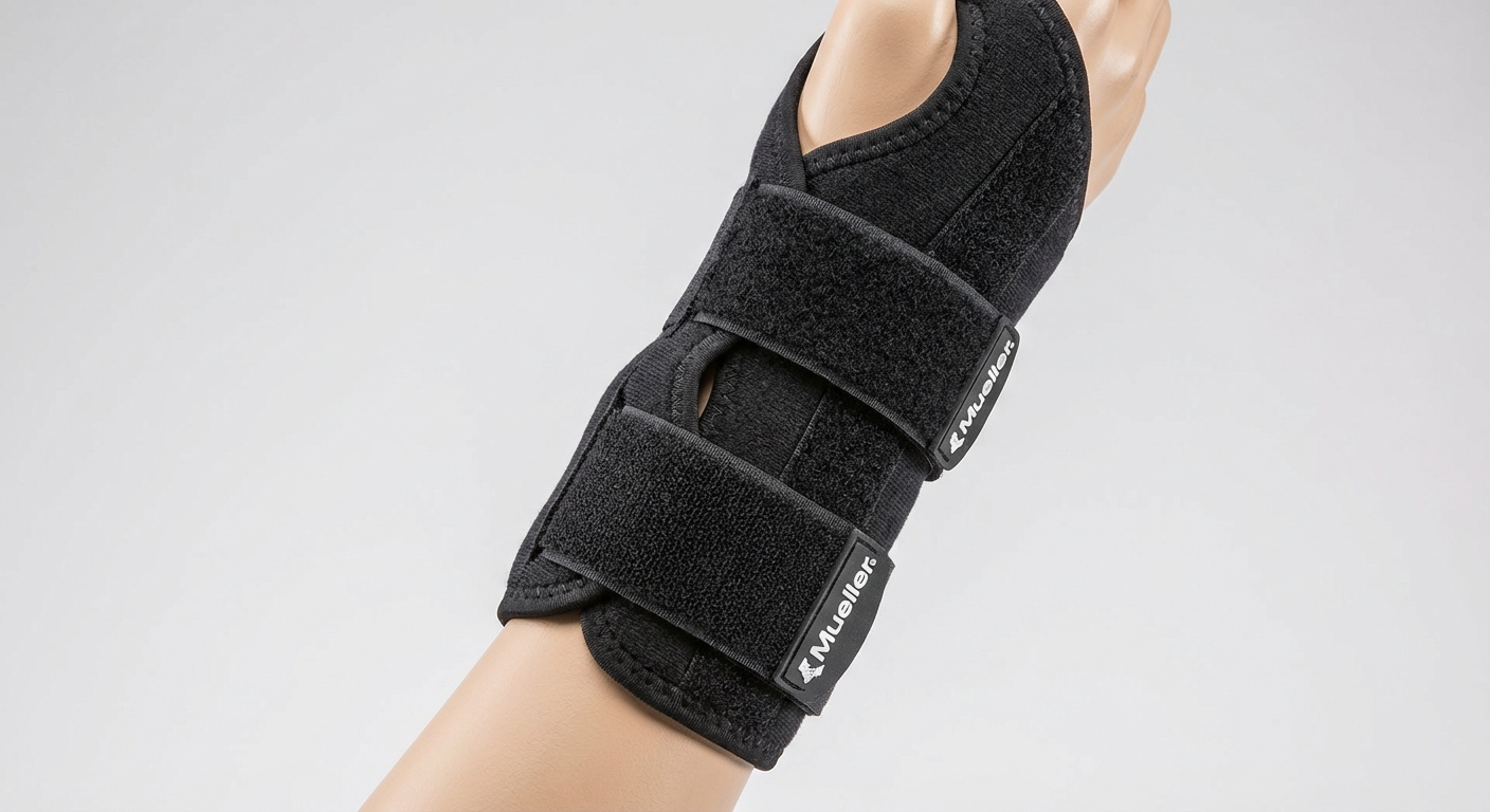 Mueller Fitted Soft Brace for carpal tunnel, black wrist support with adjustable straps, side view