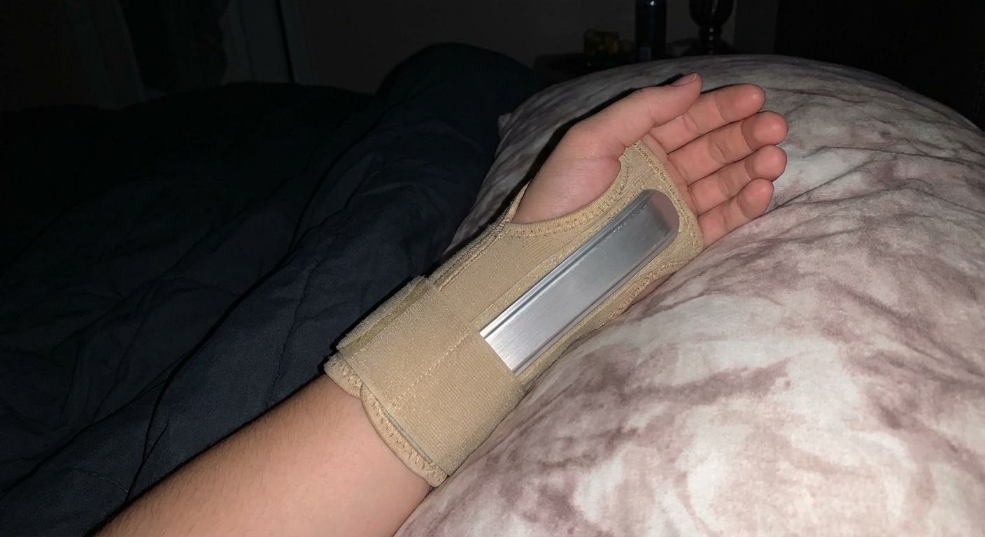 Futuro Night Wrist Sleep Support brace for carpal tunnel, beige color with rigid splint design for nighttime use