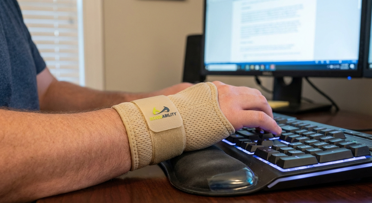 BraceAbility carpal tunnel wrist brace worn on a person's wrist at a computer keyboard, showing proper positioning