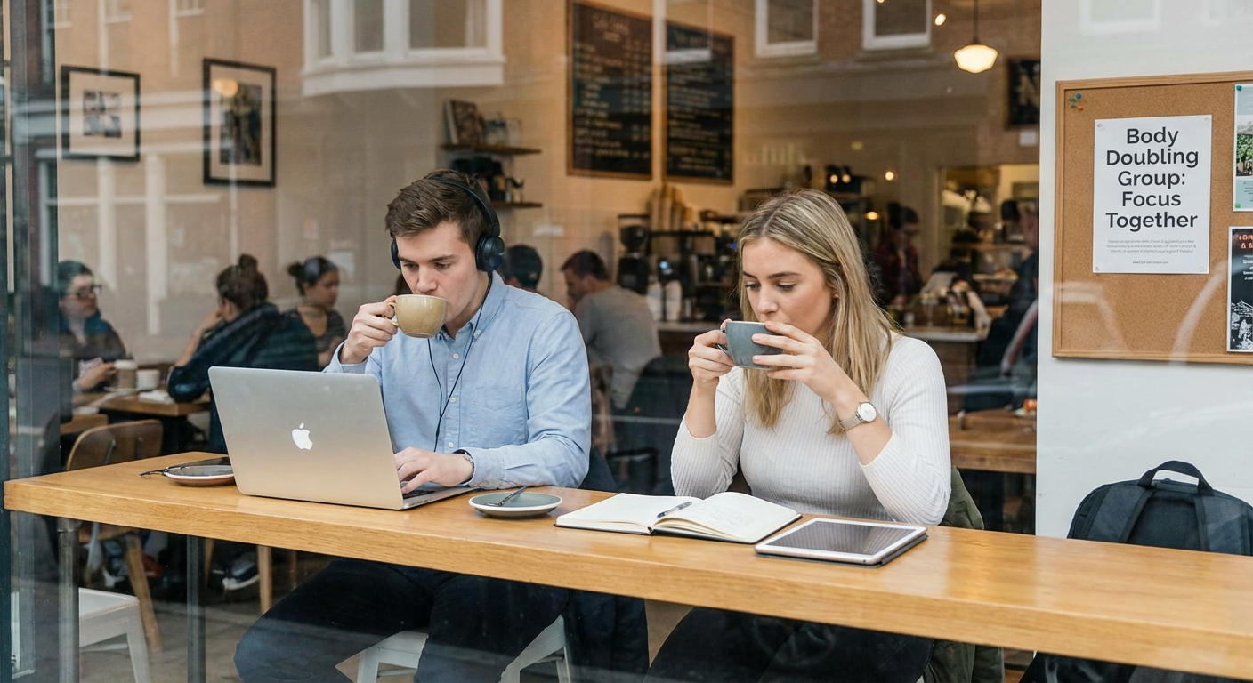 Two people sitting side by side at a wooden desk working on laptops in a cozy home office, body doubling for ADHD