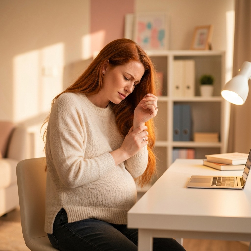 Pregnant woman at a desk holding her wrist in discomfort from carpal tunnel syndrome
