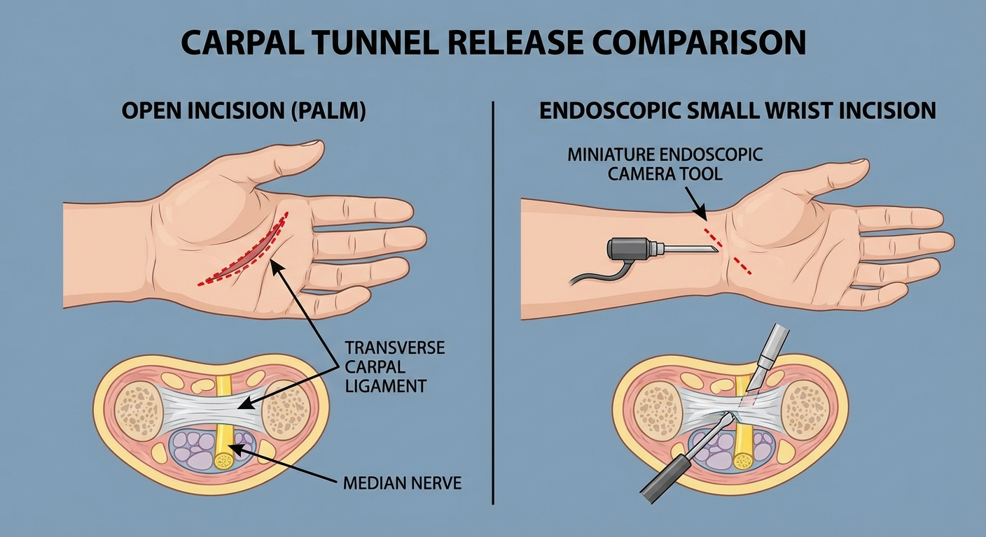 Comparison diagram showing open versus endoscopic carpal tunnel release surgery techniques