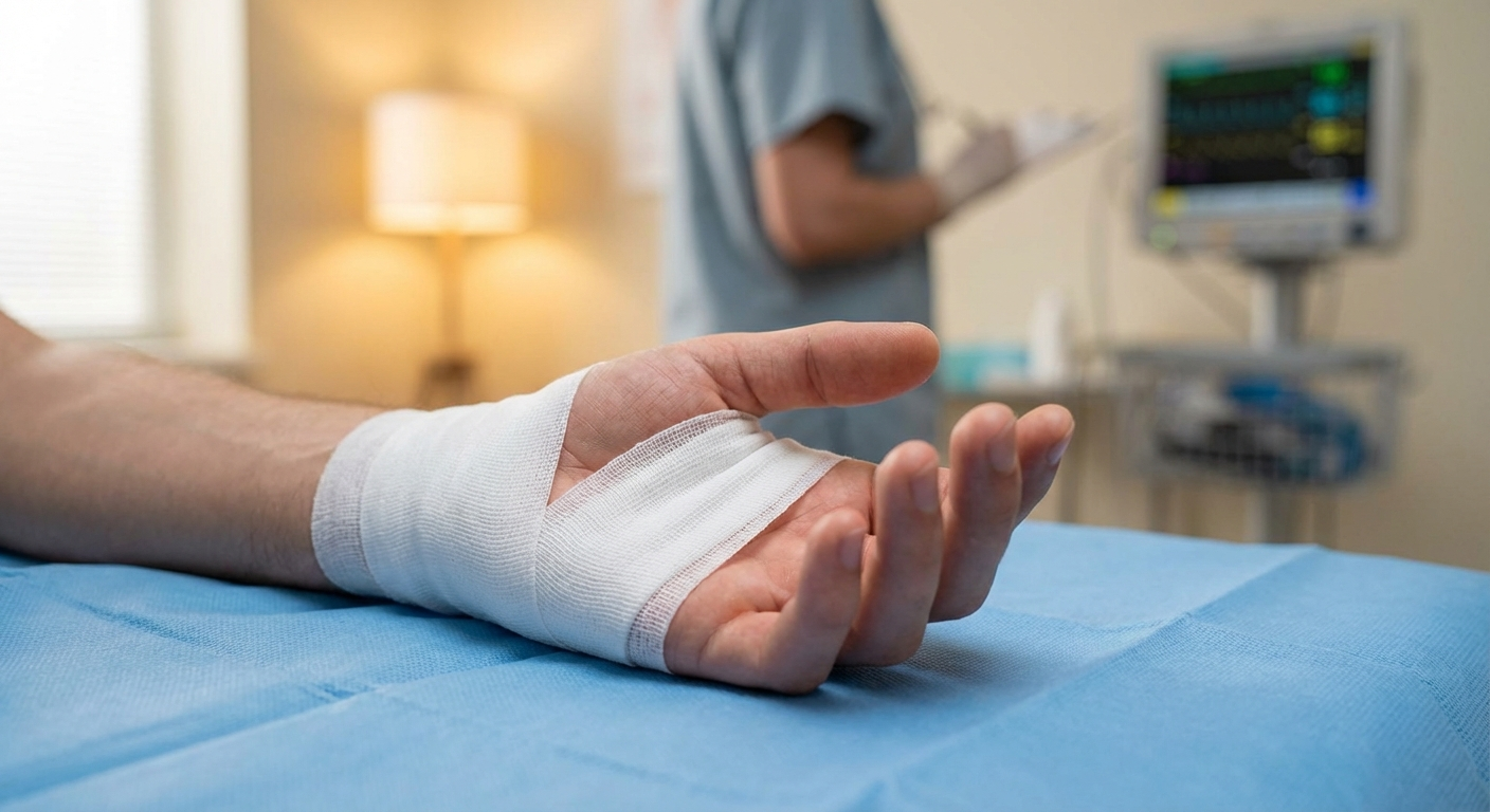 Anatomical diagram showing median nerve compression in the carpal tunnel requiring surgical release