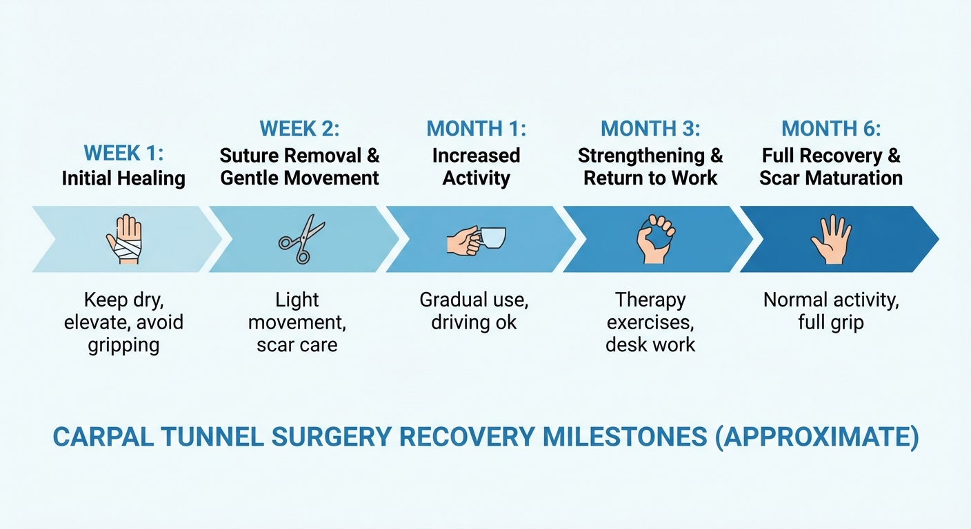 Surgical setup for carpal tunnel release procedure showing hand positioning and equipment