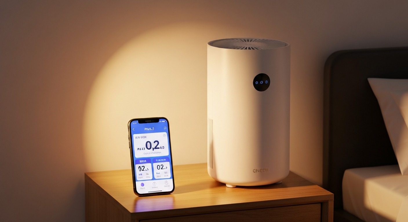Levoit VeSync app on smartphone showing real-time air quality monitoring and purifier control