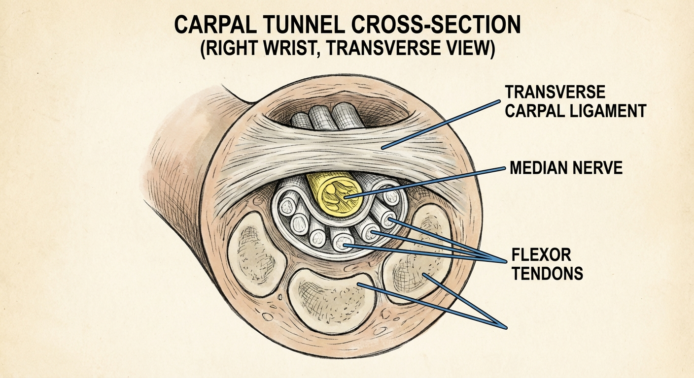 Anatomical cross-section diagram of the carpal tunnel showing the median nerve, flexor tendons, and transverse carpal ligament with labels