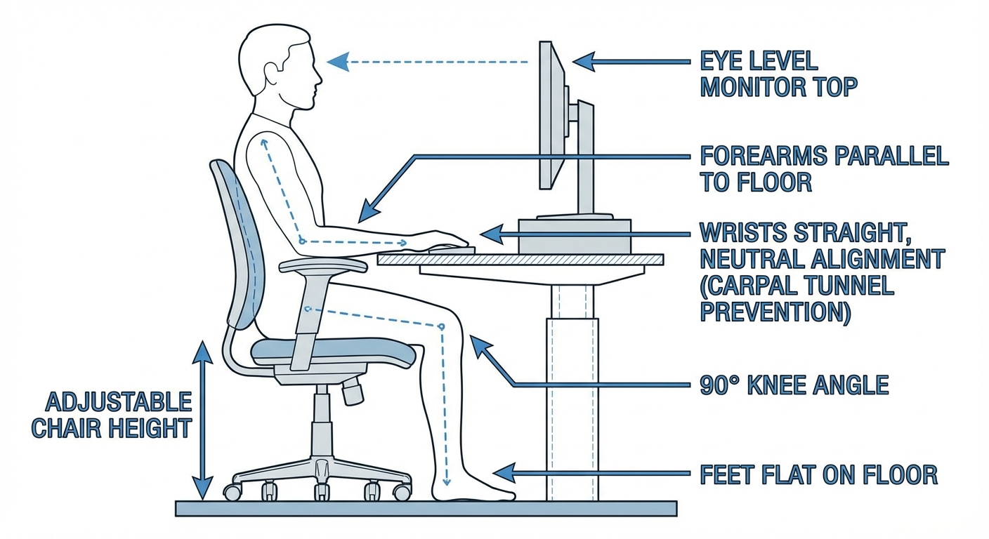 Diagram of an ergonomic desk setup showing proper monitor height, keyboard position, chair height, and wrist alignment for carpal tunnel prevention