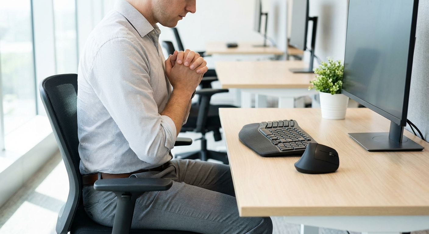 A person sitting at a modern office desk performing a wrist stretch exercise, with an ergonomic keyboard and vertical mouse visible on the desk