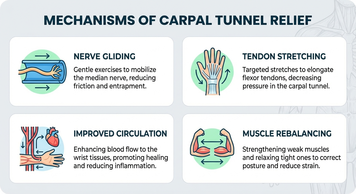 Infographic showing the four mechanisms of how desk exercises relieve carpal tunnel: nerve gliding, tendon stretching, improved circulation, and muscle rebalancing