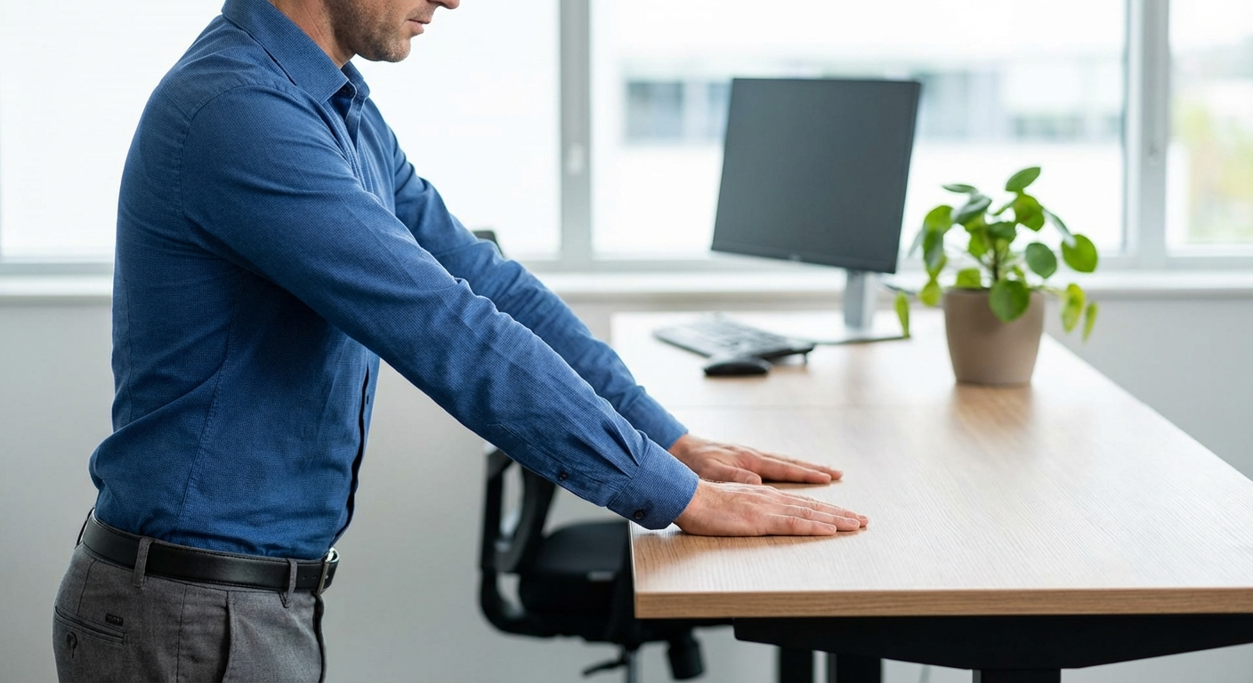 A person standing at their office desk with palms flat on the surface performing the desk press wrist extension exercise