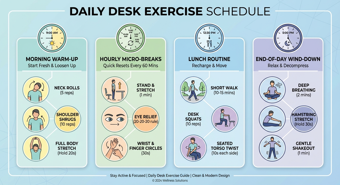 Daily desk exercise schedule infographic showing morning warm-up, micro-breaks every 60-90 minutes, lunch routine, and end-of-day wind-down