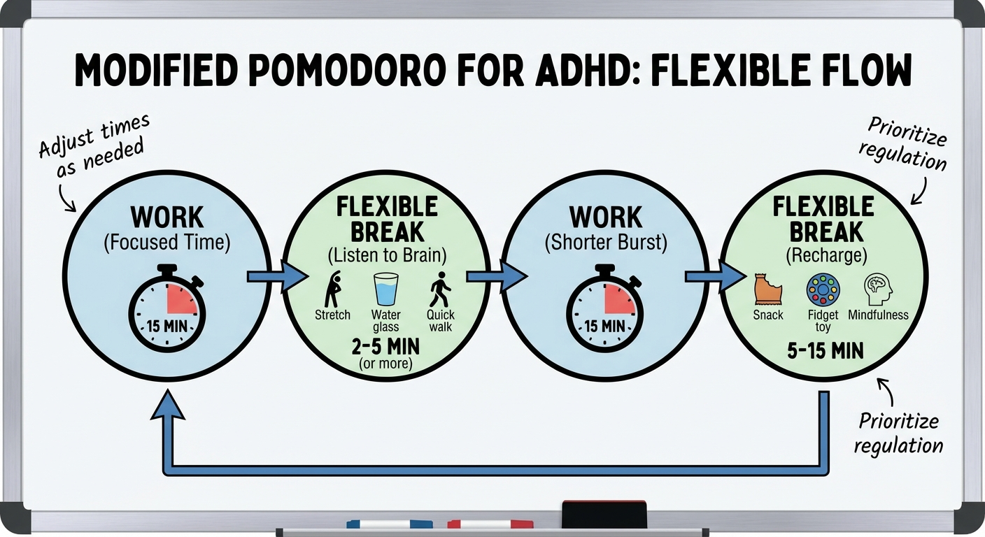 Modified Pomodoro technique diagram with 15-minute intervals for ADHD