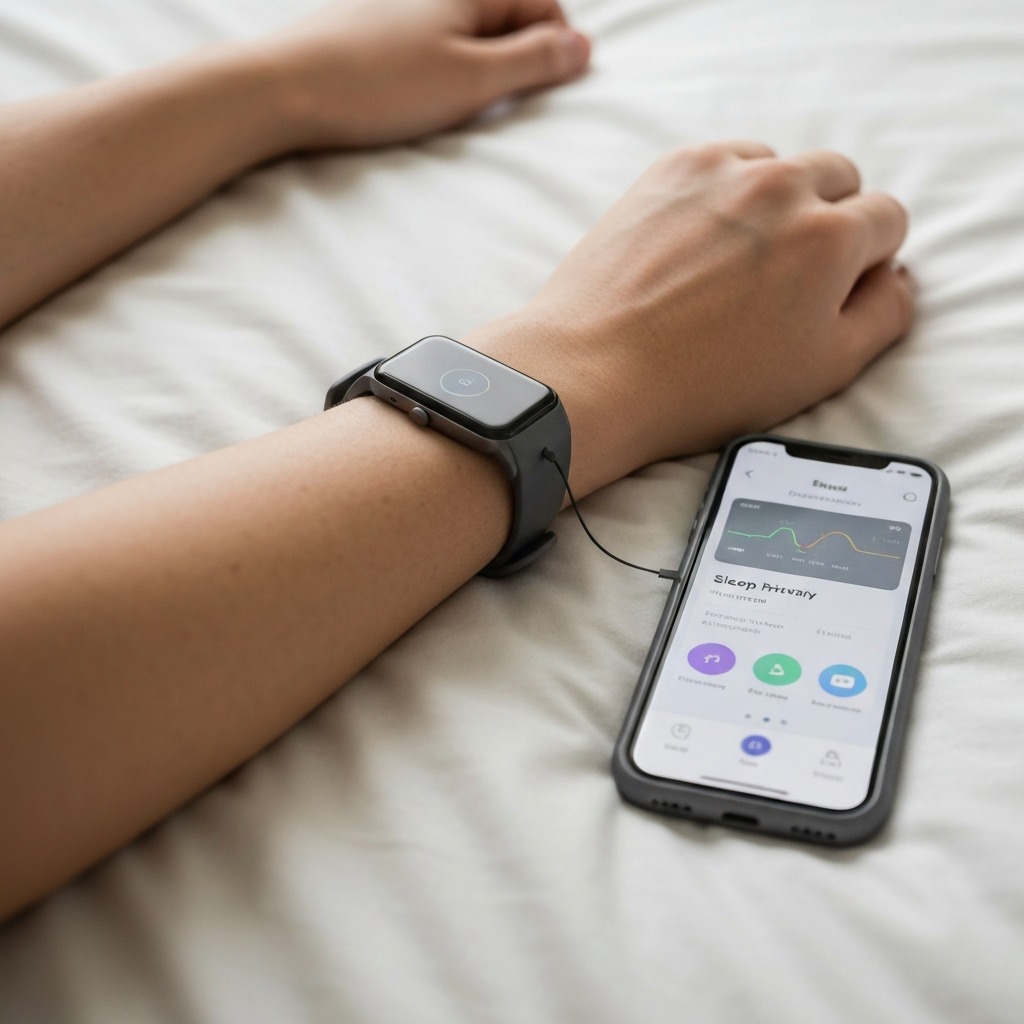 Concept of orthosomnia — person anxiously checking sleep data on phone in dark bedroom