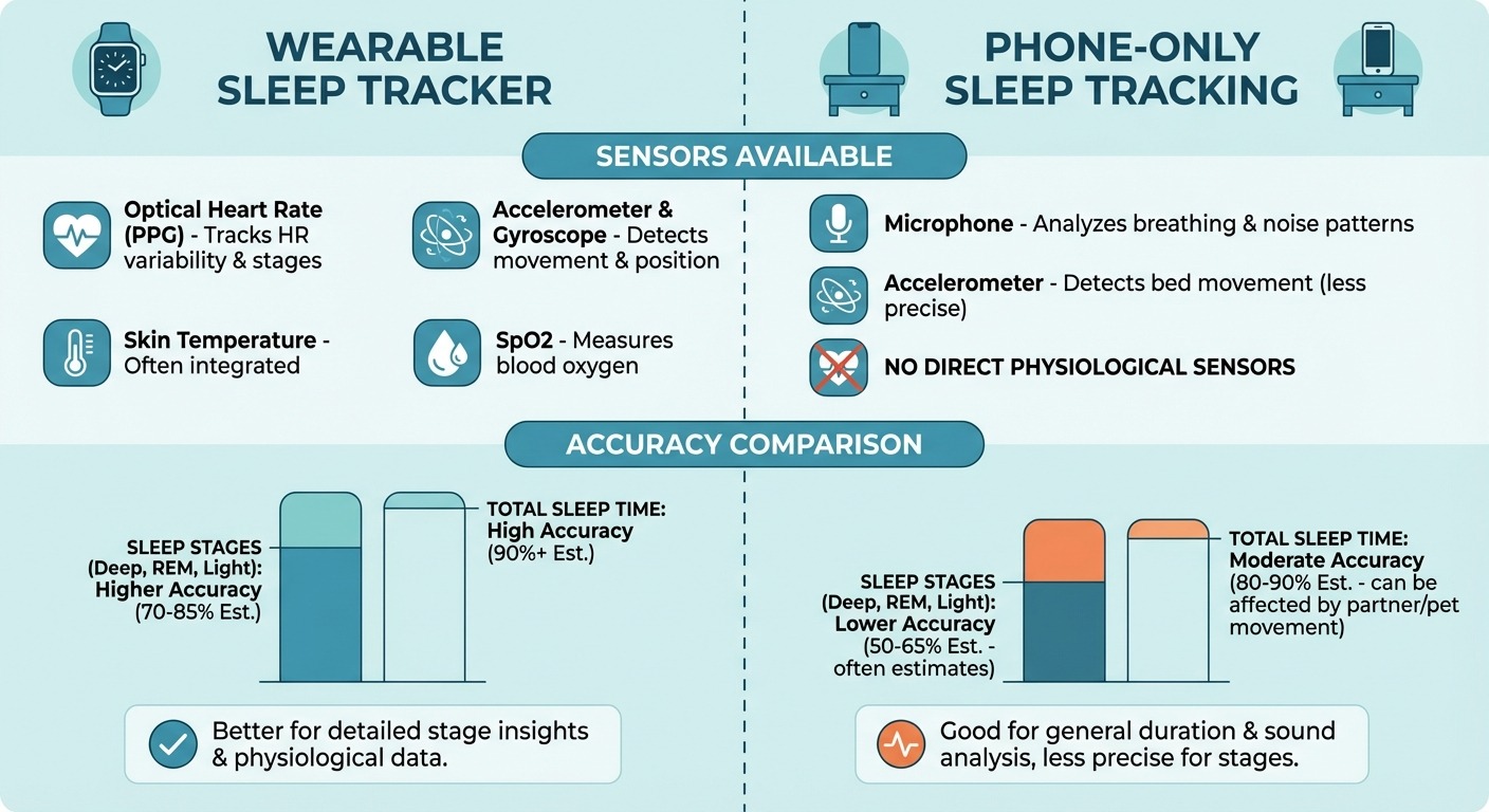 Infographic comparing wearable versus phone-only sleep tracking sensor capabilities