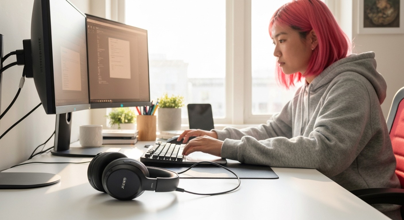 Sony WH-1000XM5 noise-cancelling headphones for ADHD focus on a desk