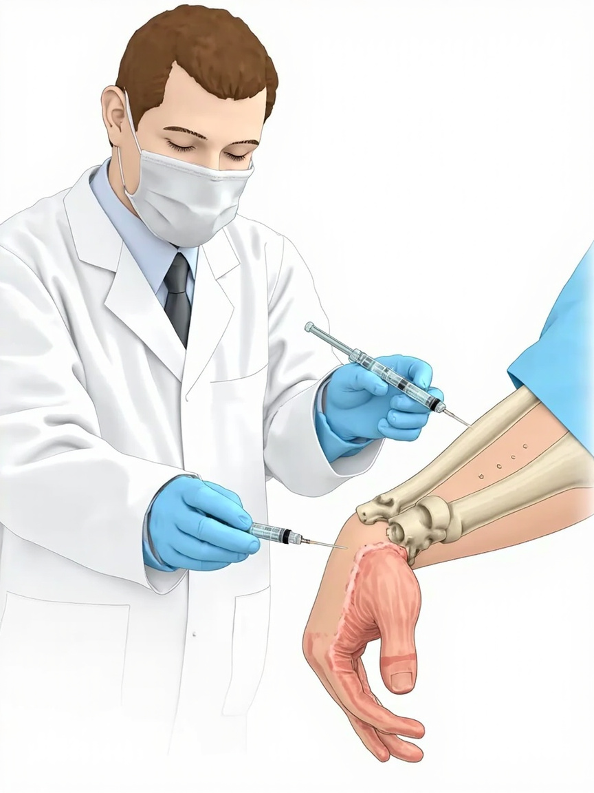 Step-by-step medical illustration of the carpal tunnel injection procedure from preparation to post-injection bandaging