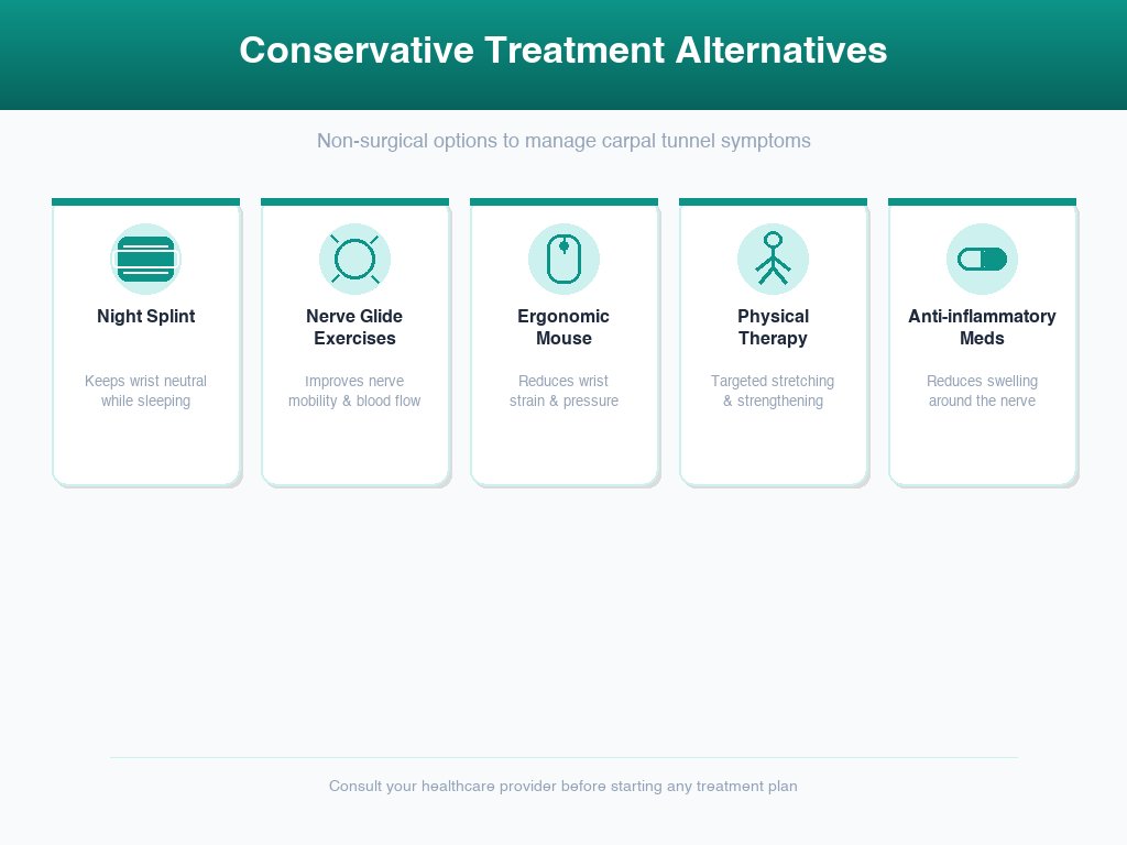 Conservative treatment alternatives for carpal tunnel including wrist braces, ergonomic setup, and exercises