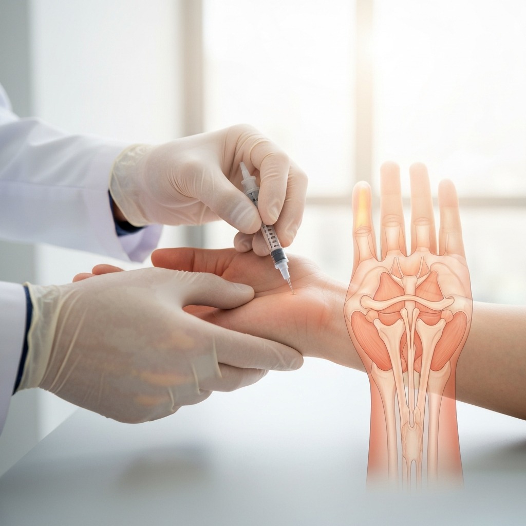 Steroid injection for carpal tunnel — cortisone shot being administered to the wrist area