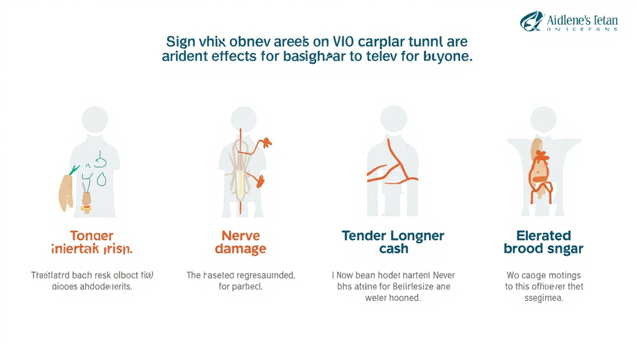 Medical infographic illustrating common, uncommon, and rare side effects of carpal tunnel steroid injections