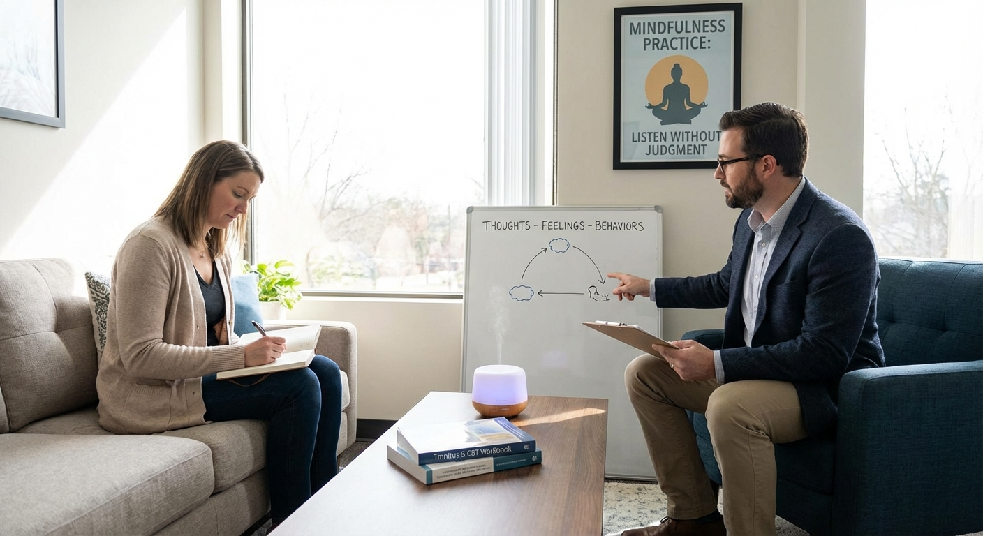 CBT therapy session for tinnitus and anxiety — person with therapist, calm therapy room, journaling exercises and mindfulness