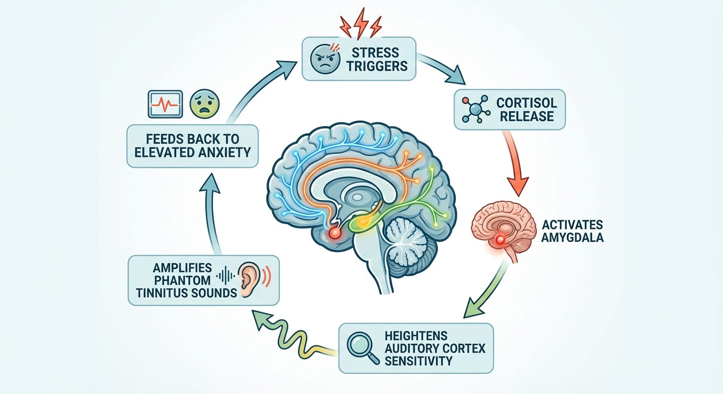 Tinnitus-anxiety feedback loop medical infographic — circular diagram showing how stress triggers cortisol, activates amygdala, amplifies tinnitus perception, causing more anxiety