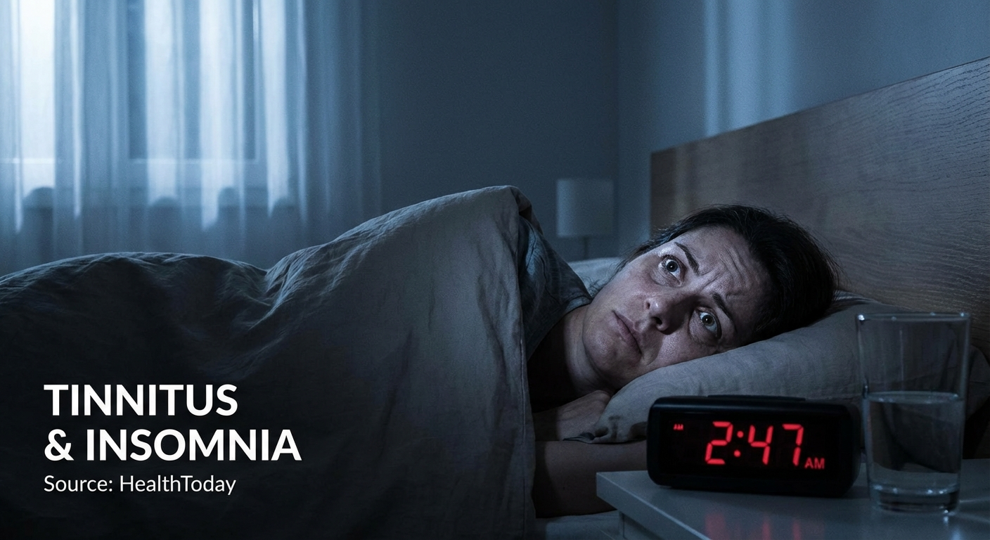 Person lying in bed at 2:47 AM eyes open staring at ceiling in dark room — insomnia caused by nighttime tinnitus when background noise is at its lowest