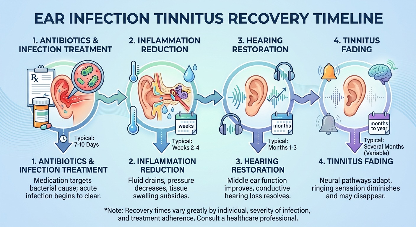 Recovery timeline infographic showing phases of ear infection tinnitus resolution